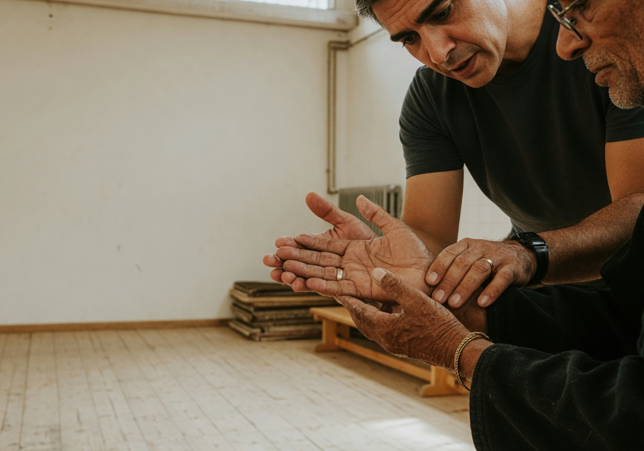 Close detail of an elder's and a younger instructor's hands in a moment of respect.
