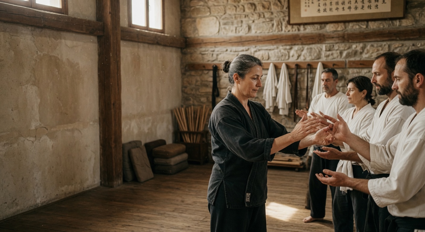 An instructor guiding practitioners in a warm stone-and-wood training hall, conveying lineage and continuity.
