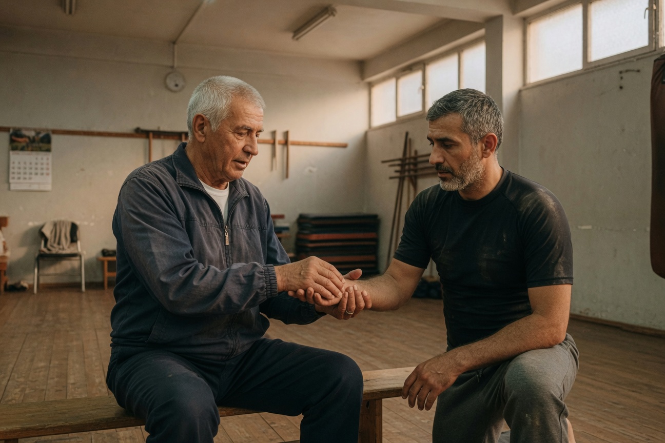 An elder master and a younger instructor together in one frame, a quiet ritual of generational transmission.