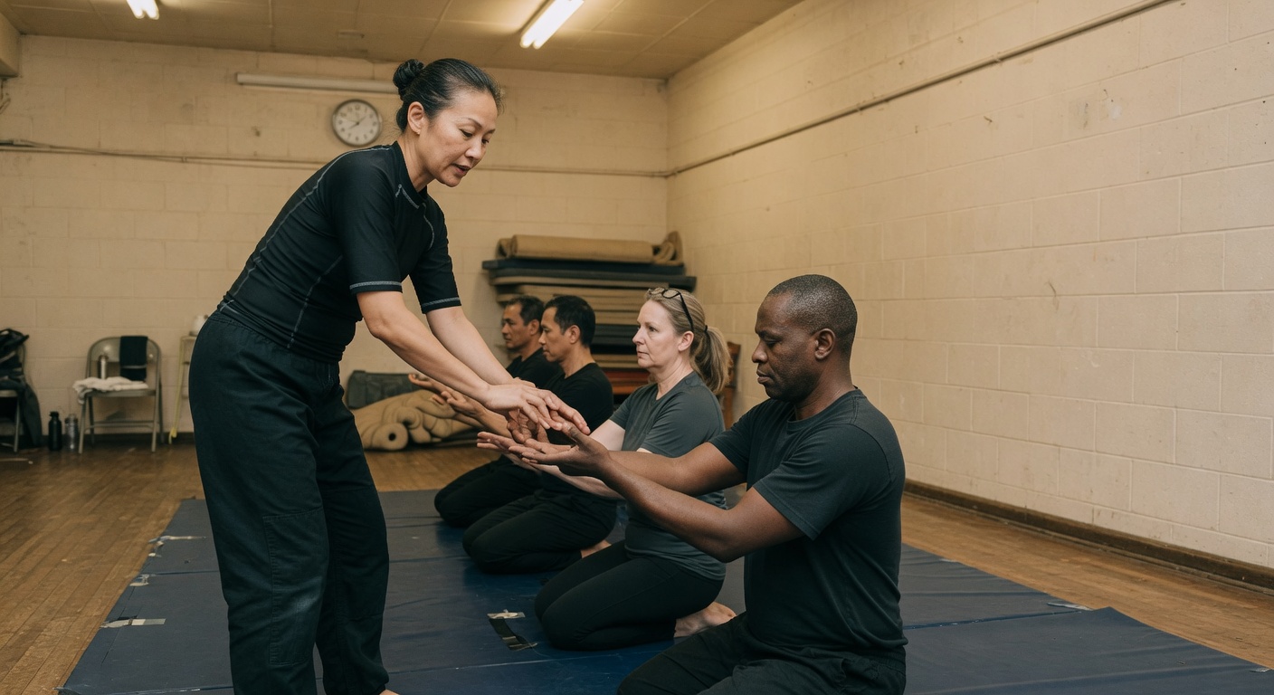 An instructor leading a disciplined training session in warm institutional light.